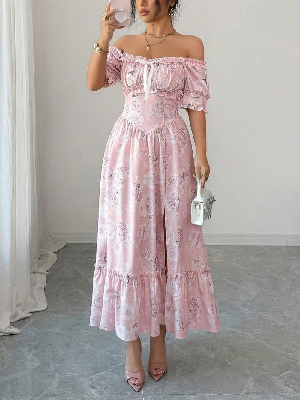 Pink Boho Women's Off-Shoulder Ruffle Bow A-Line Floral Dress
